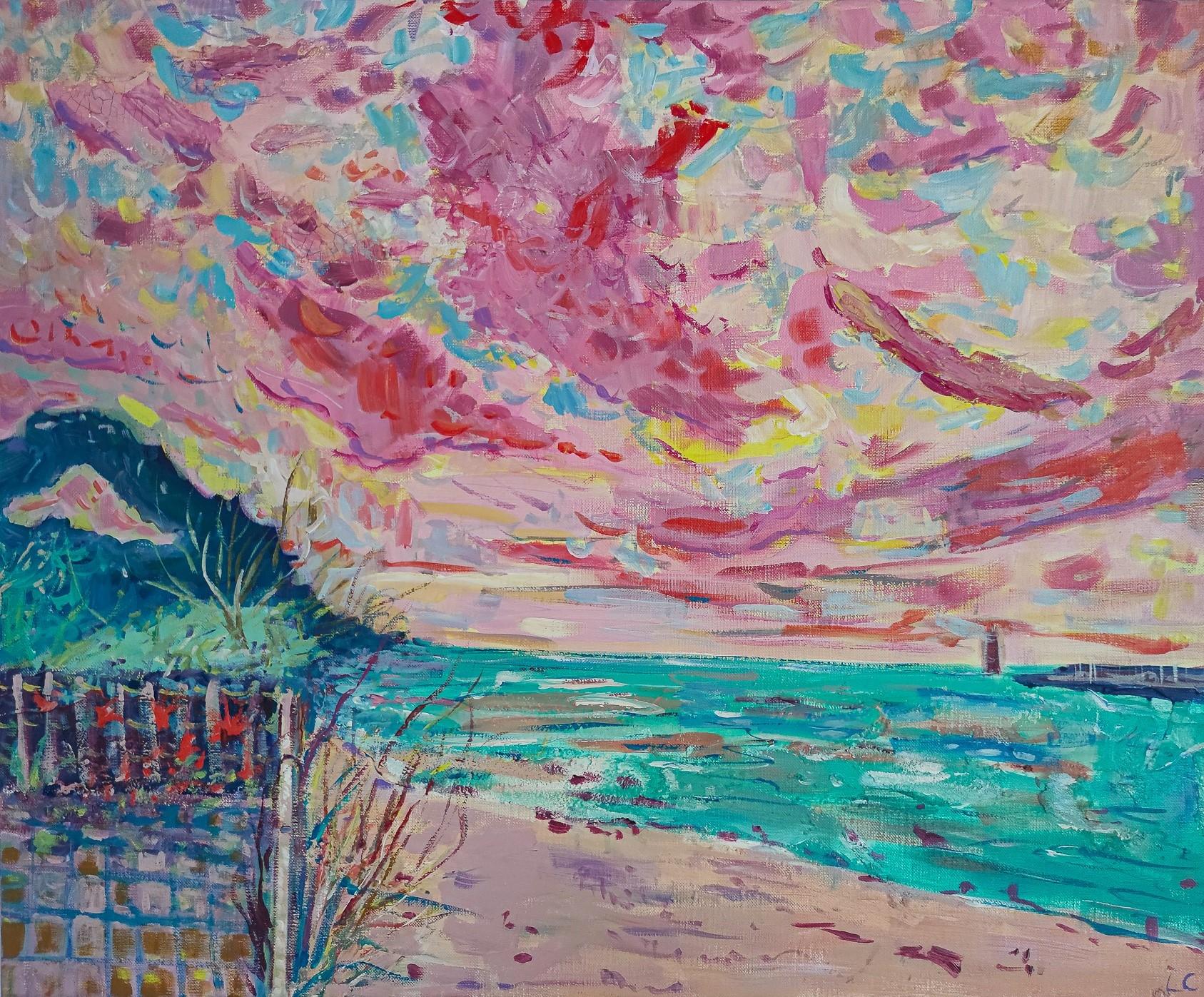 "Introducing "Marine Bubble Gum 2": an enchanting landscape where the pink sky is dotted with majestic shades of blue and yellow, creating a magnificent canvas above the endless ocean. In the distance, a lighthouse stands proudly, adding a touch of