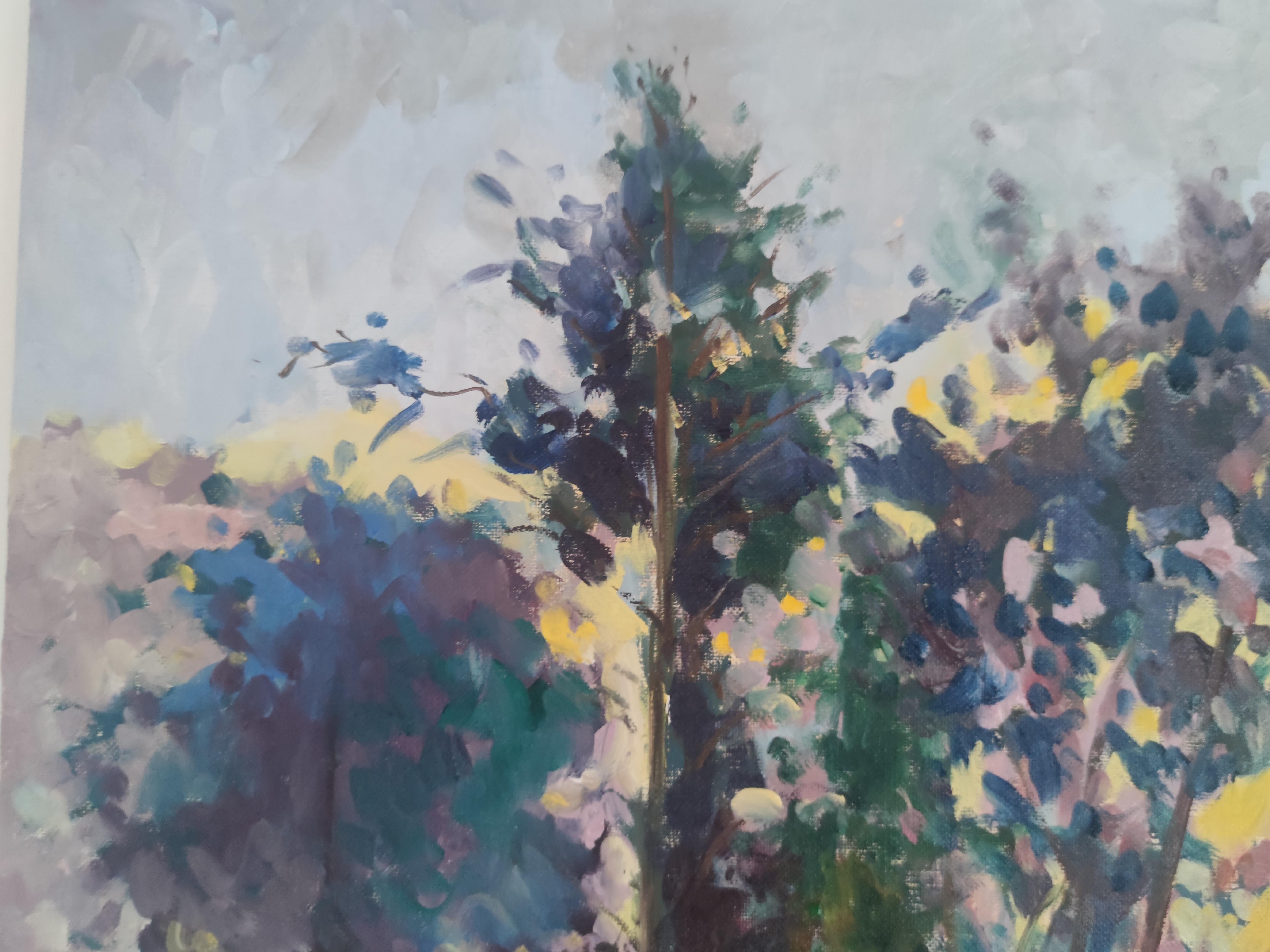 Paisaje impresionista francés 'Sueño de agua frente al sol en Morêt sur Loing' - Painting Fauvista de Linda Clerget