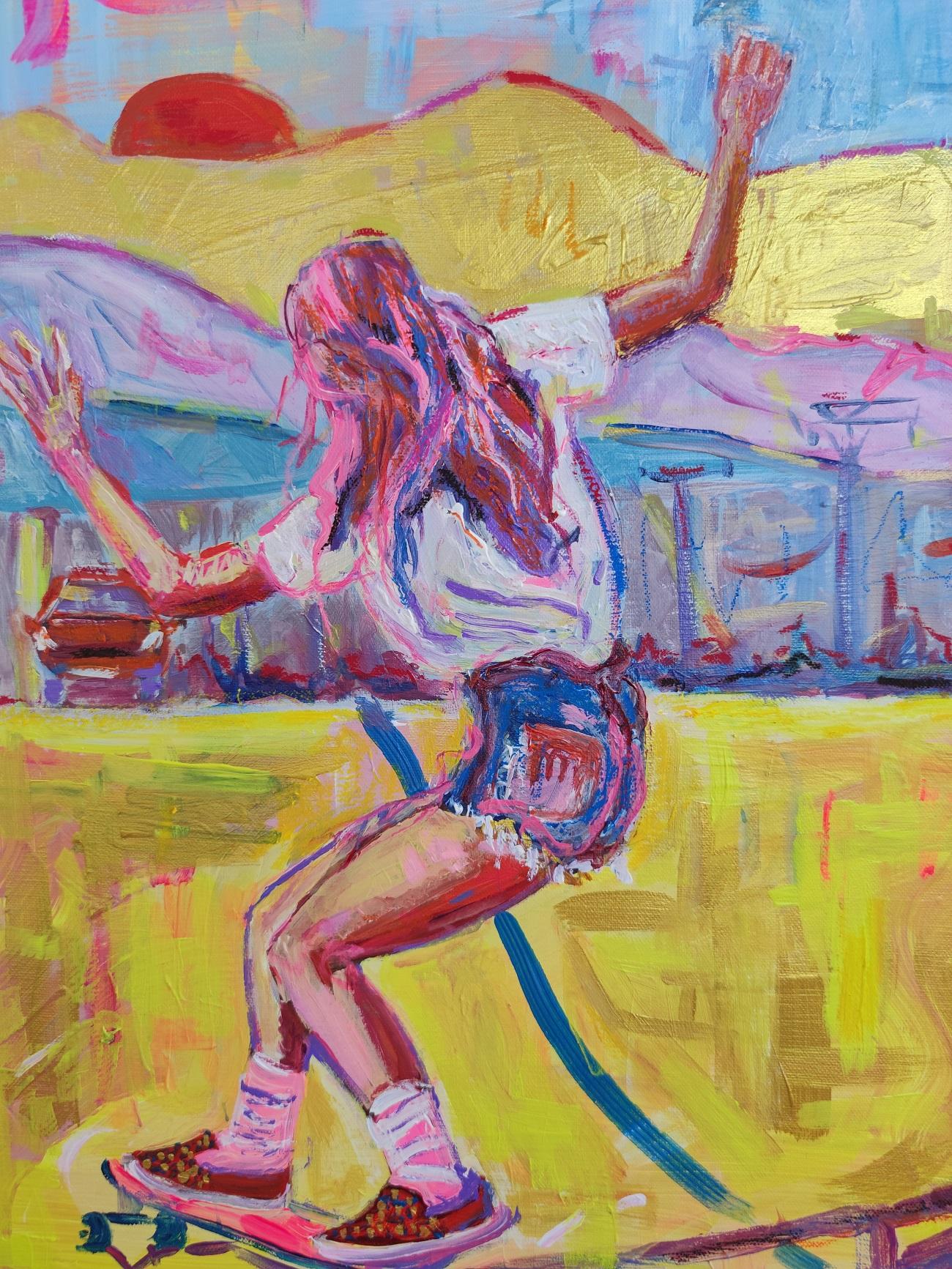 
This painting is from the series La Dolce vita. It is done with acrylic paint alla prima on a cotton canvas. The painting is inspired by the Californian skate and rollerblading culture of the 70s.

Linda Clerget focuses on the exploration of colors