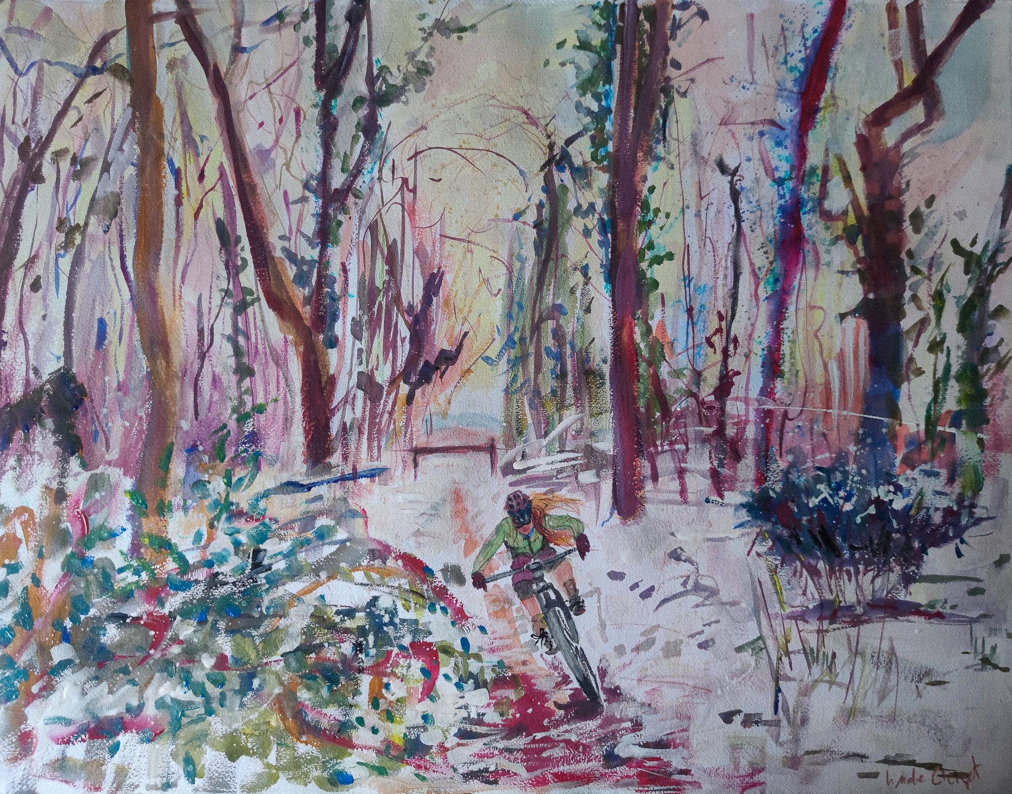 Linda Clerget Landscape Painting - Winter Forest Bike Adventure