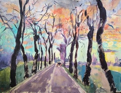 Original contemporary french gouache "Glowing sky over the plane trees"