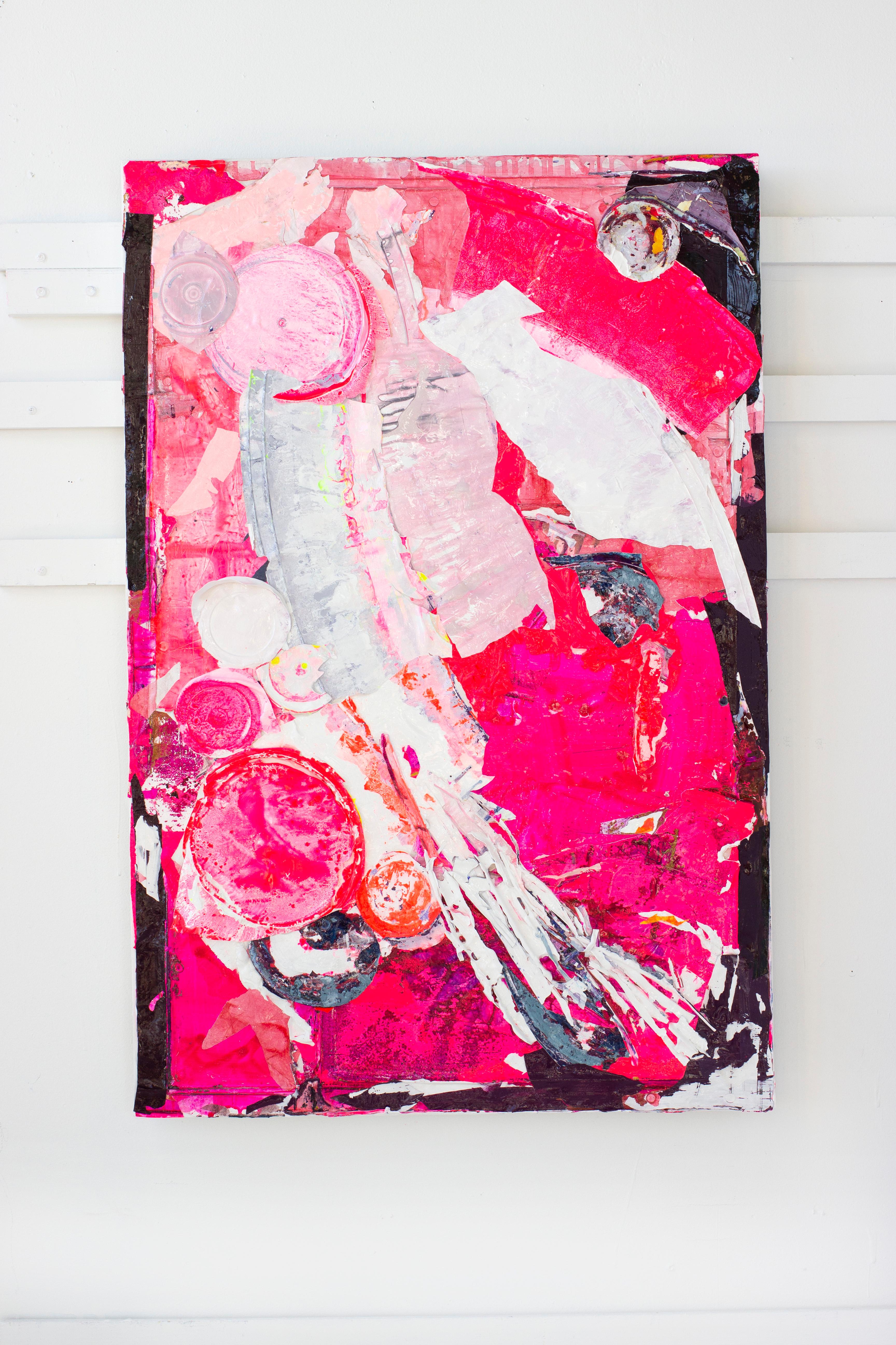 Cherry Chapstick, Abstract Collaged Acrylic Paintskins on Wood Panel