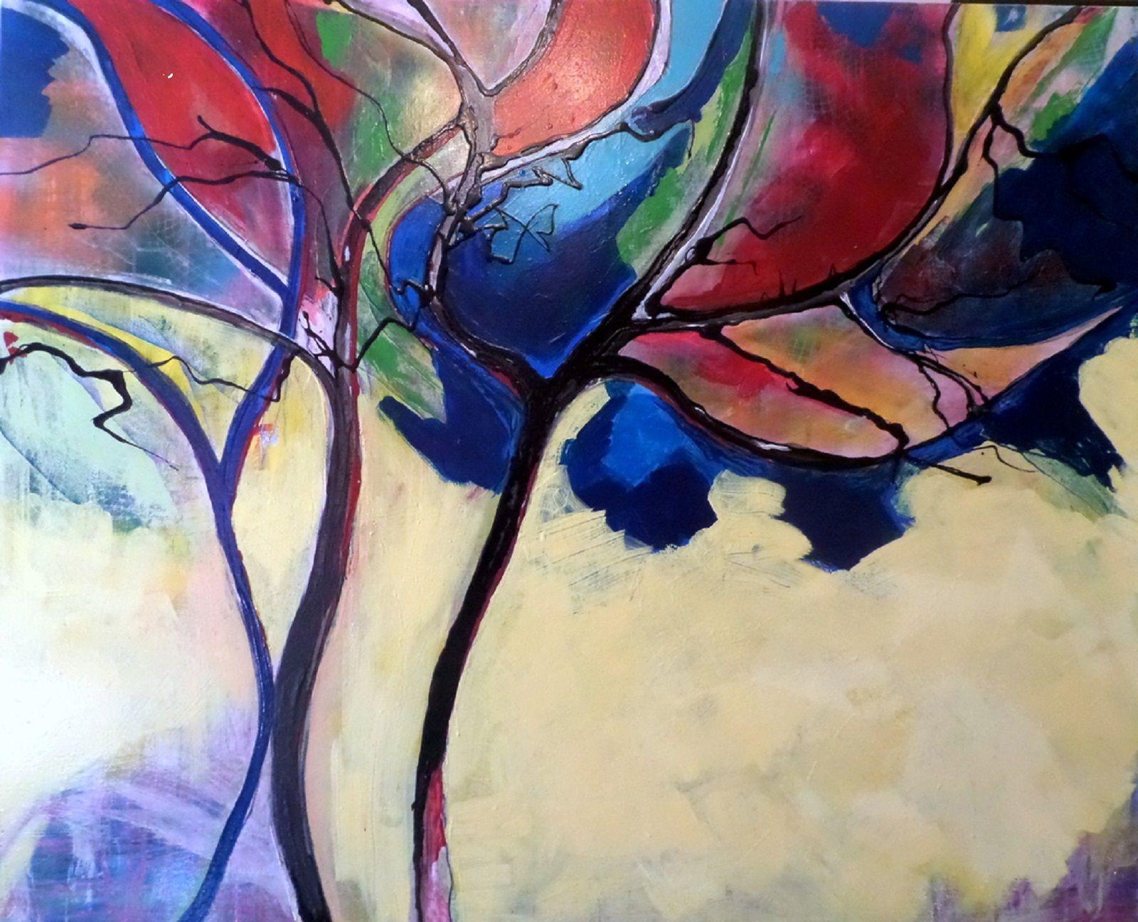 summer  trees reds and soft yellows create abstract effect of blends of colours textures and would brighter any space , it was inspired by the windows of churches sections of light though the trees stained glass .   :: Painting :: Abstract :: This