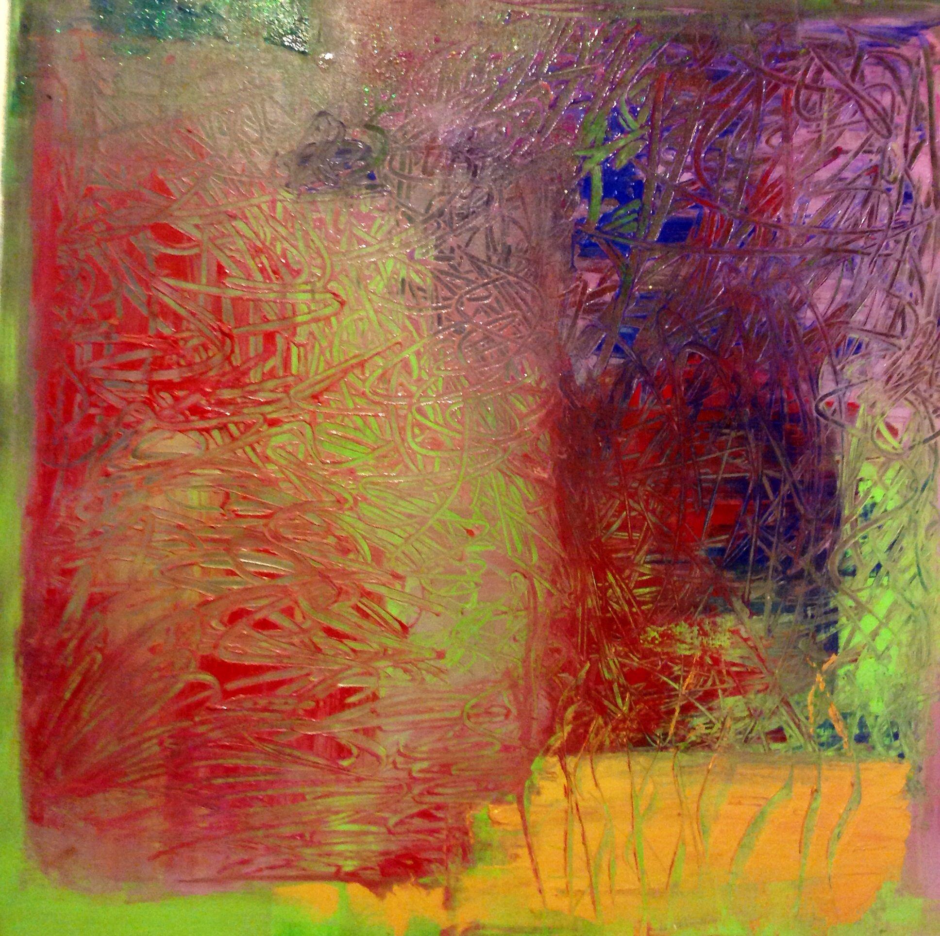 Abstract writing, Painting, Acrylic on Canvas - Brown Abstract Painting by Linda  Collins Lamb