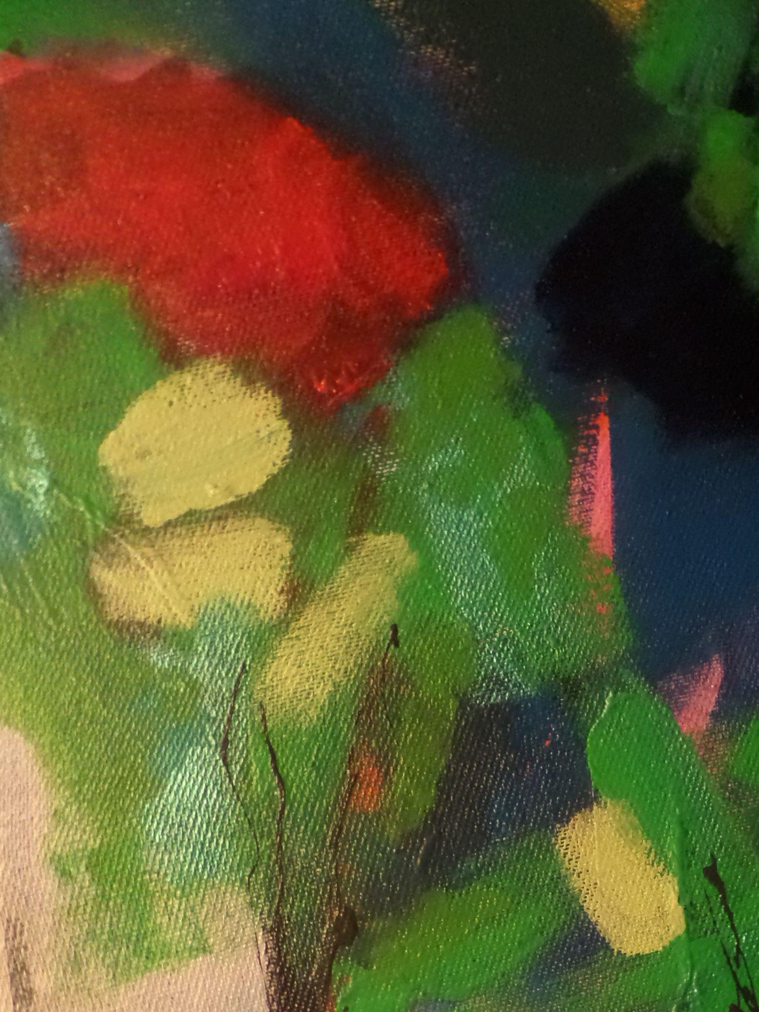 inspirée par la lumière et le mouvement, je voulais que les couleurs soient vives, abstraites, peut-être une promenade dans le parc la peinture dorée se reflétant à travers les arbres, projetant de la lumière et de l'obscurité  des blocs de rouge et