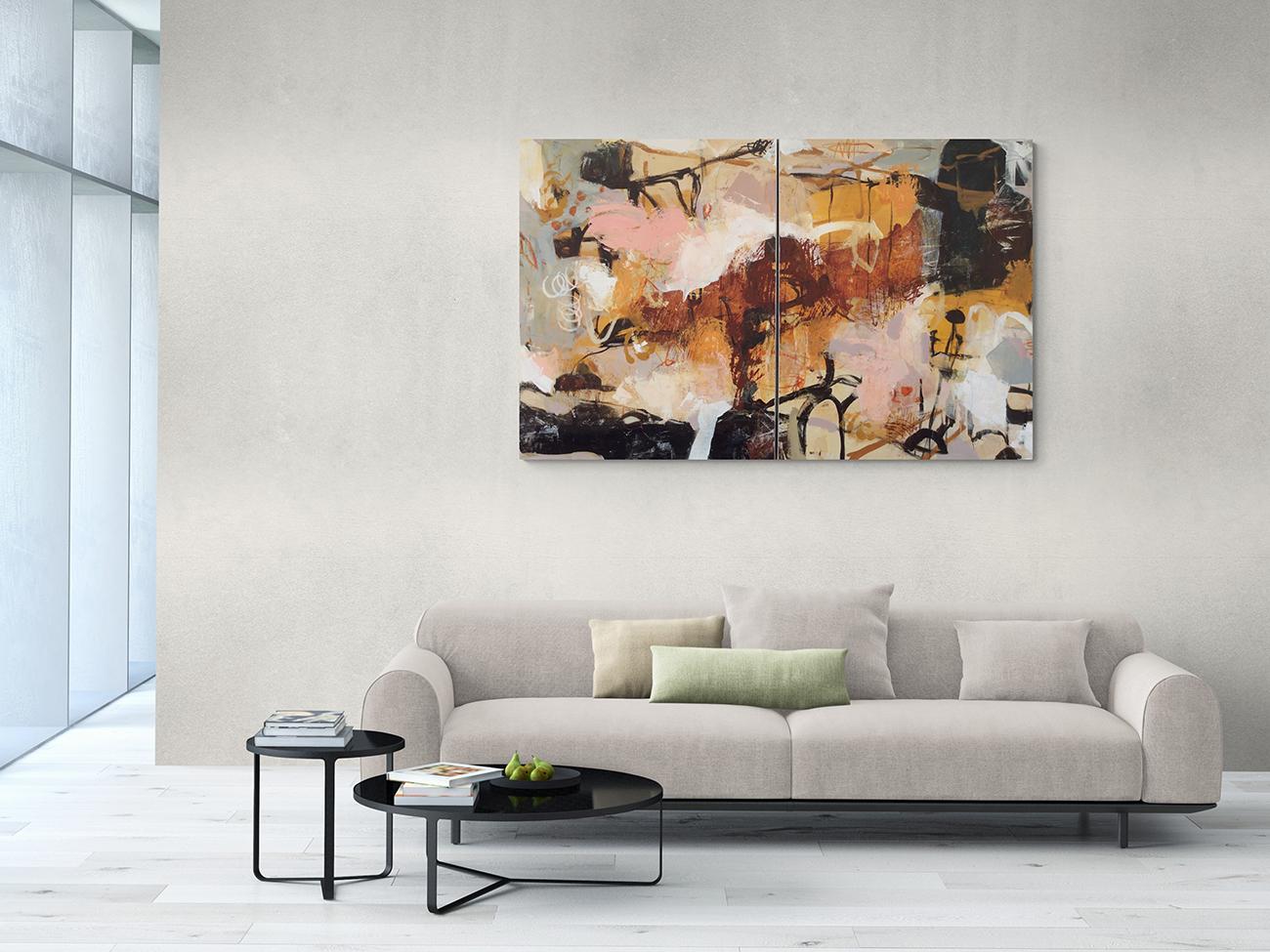 Poetry Of Life - Diptych 1 (Abstrac Painting) - Beige Abstract Painting by Linda Coppens