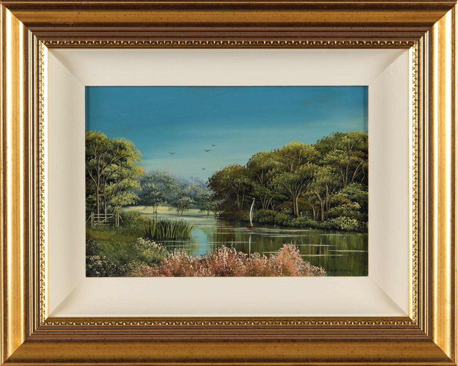 Peinture à l'huile miniature du 20e siècle d'une scène de rivière anglaise par un artiste anglais - Réalisme Art par Linda D Brooks
