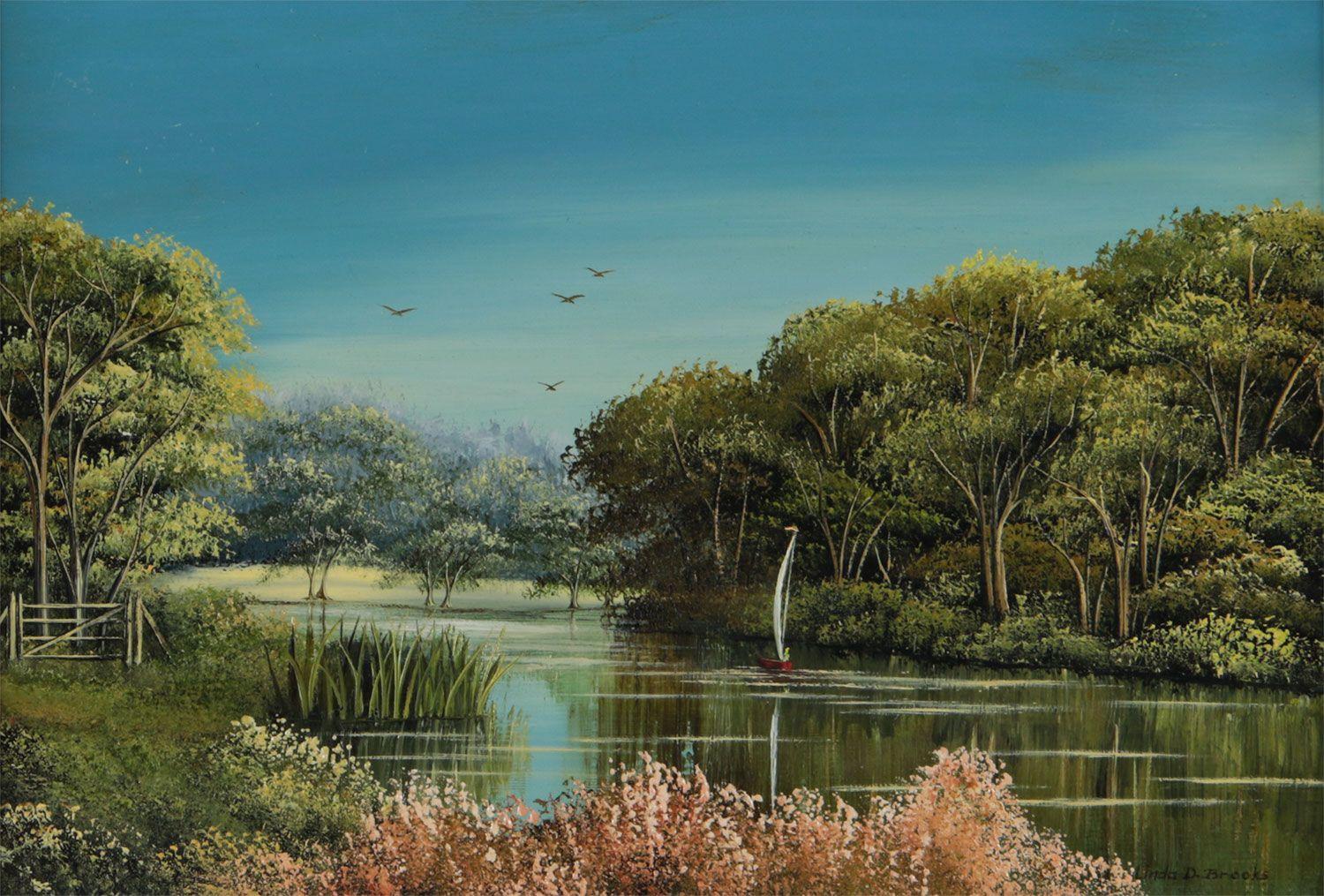 Miniatur-Ölgemälde einer englischen Flussszene des 20. Jahrhunderts von der britischen Künstlerin Linda D Brooks 

Kunst misst 10 x 7 Zoll 
Rahmen misst 15 x 12 Zoll 

Eine wunderschön detaillierte Darstellung einer idyllischen Flussuferszene in der
