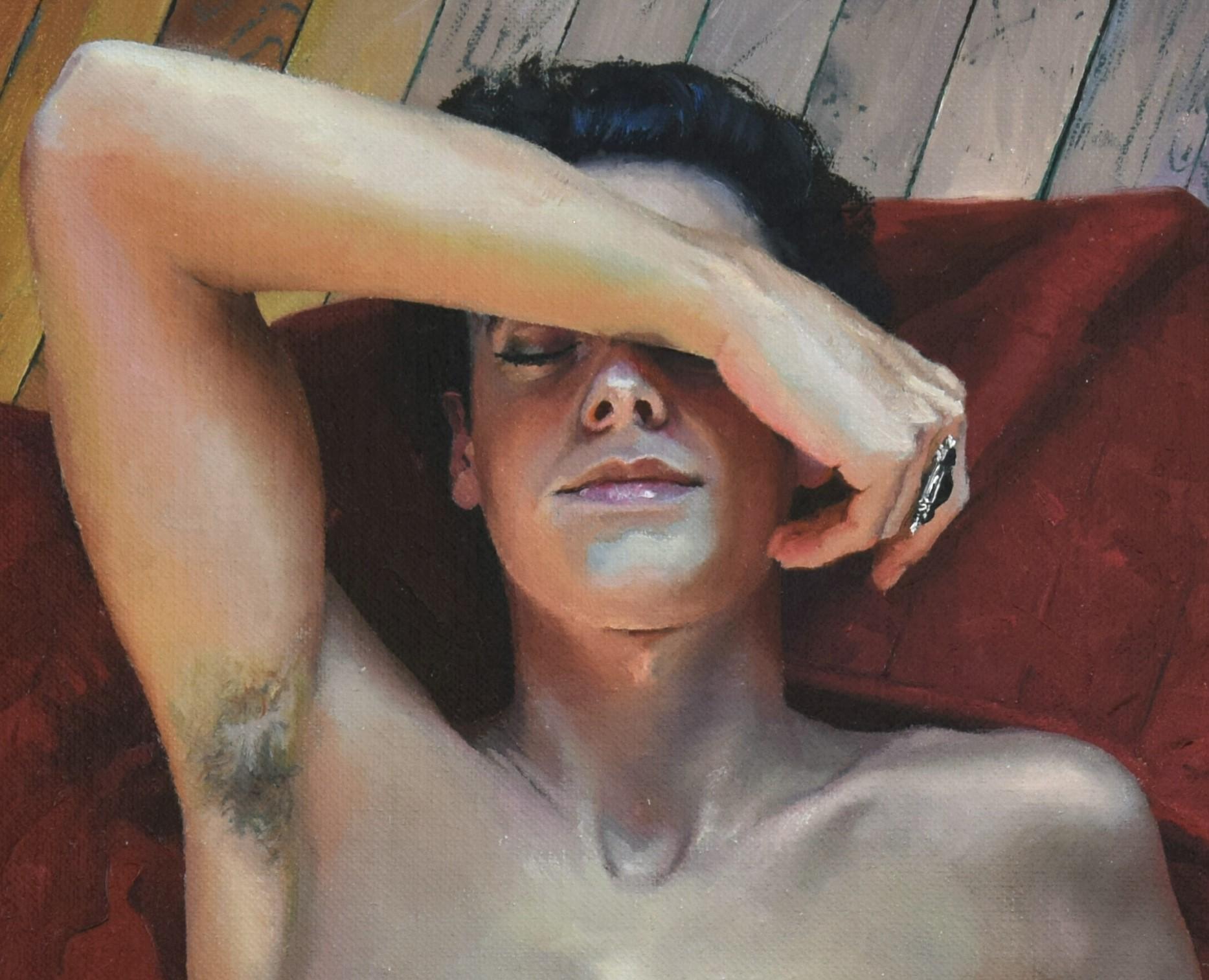 « Afternoon Light » de Linda Delahaye, peinture à l'huile originale, portrait masculin nu en vente 1