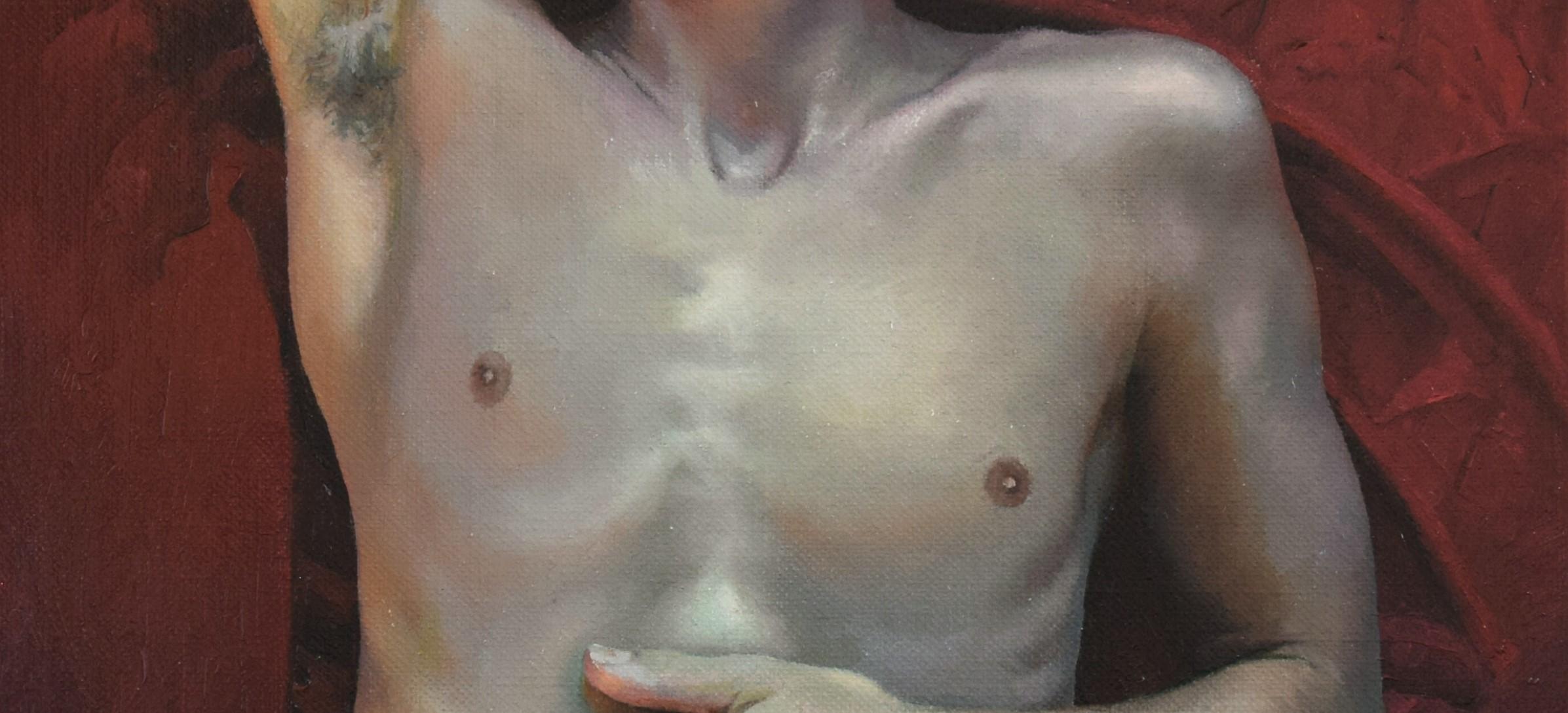 « Afternoon Light » de Linda Delahaye, peinture à l'huile originale, portrait masculin nu en vente 2