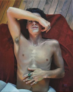 "Luz de Tarde" por Linda Delahaye, Pintura al Óleo Original, Retrato Masculino Desnudo
