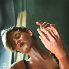 "Mirrored Touch"(2023) de Linda Delahaye, peinture à l'huile originale, portrait féminin