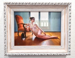 « The Orange Voltaire » de Linda Delahaye, peinture à l'huile originale, nu féminin