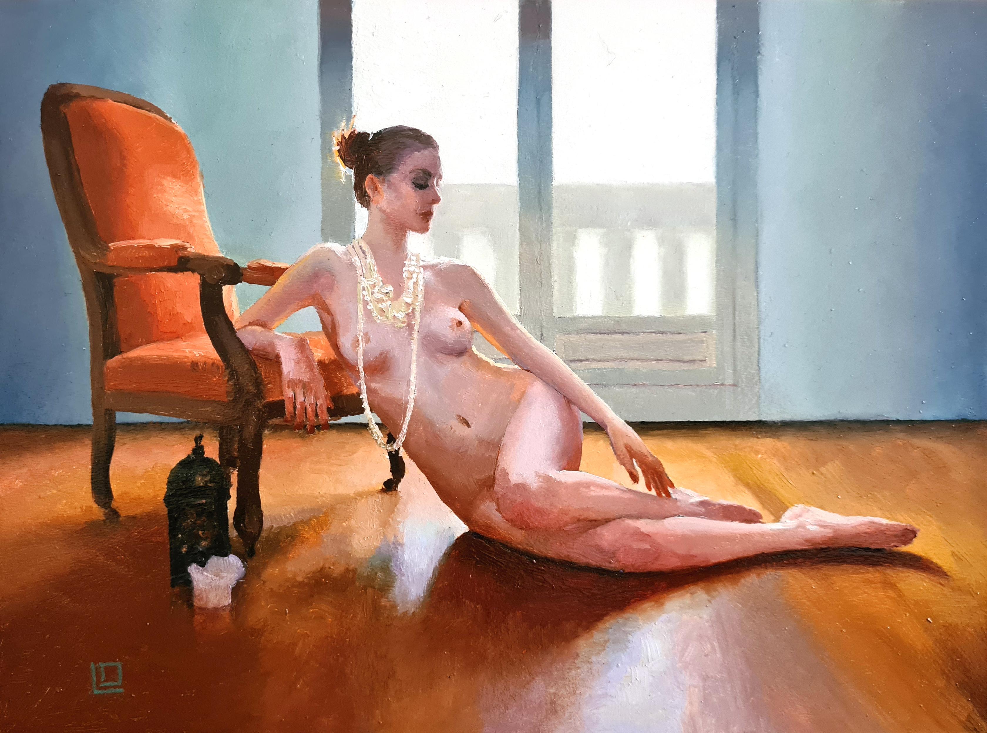 "L'arancia di Voltaire" di Linda Delahaye (con sede in Francia) è un olio su tavola originale che raffigura un grazioso nudo femminile immerso nella luce del sole. 

Nato nel 1980, Canada
Vive e lavora a Parigi, in Francia.

Linda è una pittrice
