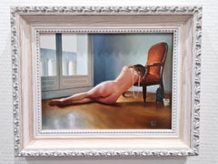 « The Orange Voltaire II » de Linda Delahaye, peinture à l'huile originale, nu féminin