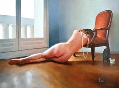 "The Orange Voltaire II" by Linda Delahaye, Original Oil Painting, Female Nude