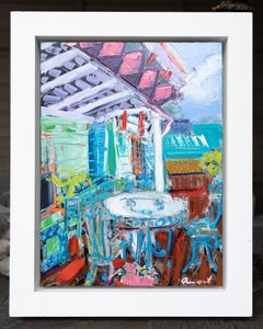 "Liquirizia blu" Pittura ad olio neo-espressionista di paesaggio urbano