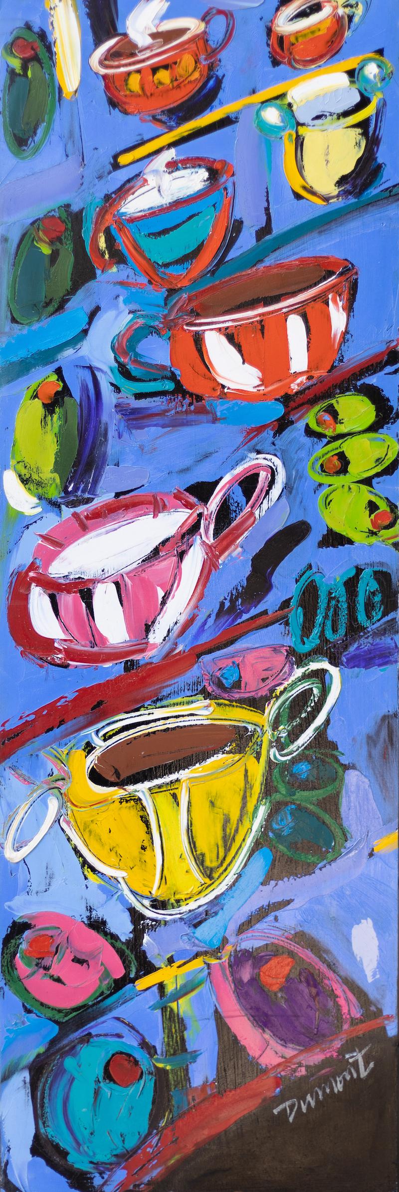 Linda Dumont Still-Life Painting - "Coffee with Amor" Expressionist Still Life of Coffee Cups
