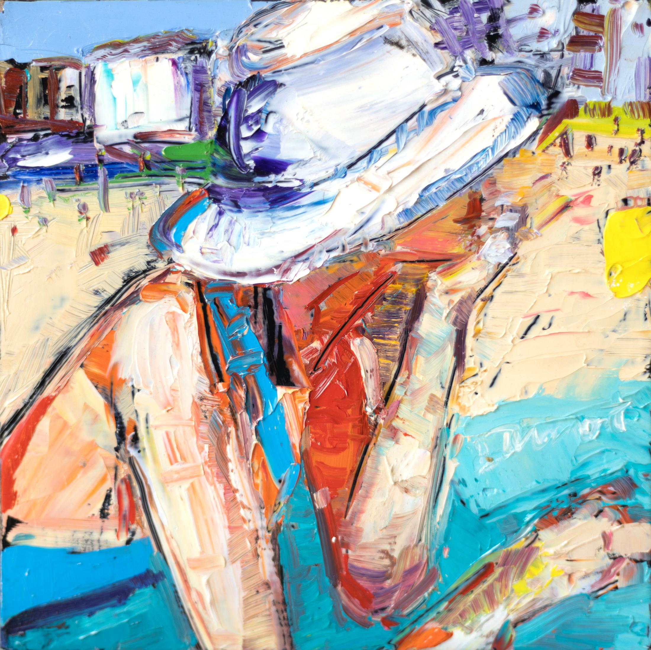 Figurative Painting Linda Dumont - « Dreaming on the Beach » - Femme expressionniste figurative