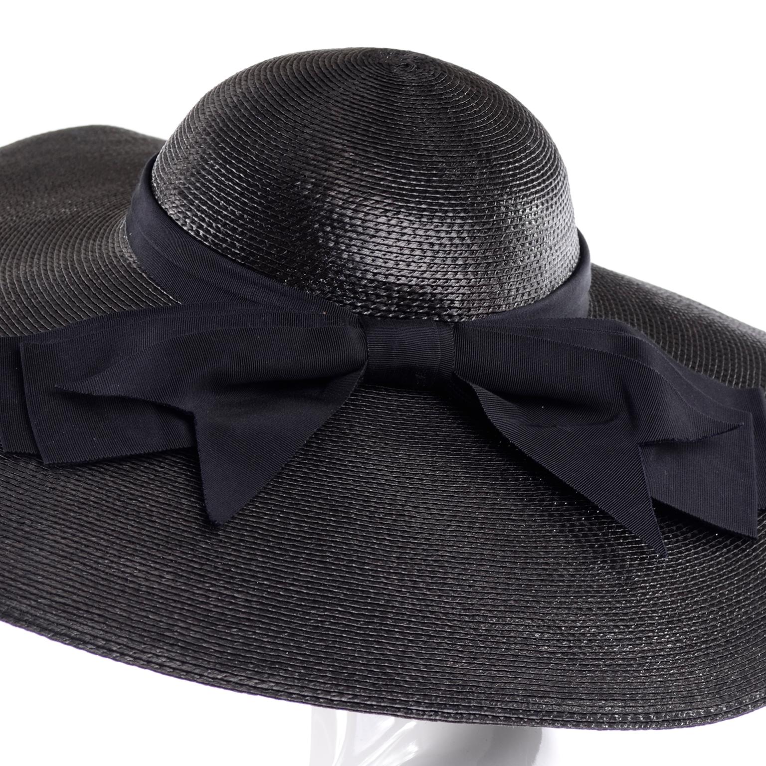 Linda Eastwood Wide Brim Black Straw Sun Hat With Bow In Excellent Condition In Portland, OR