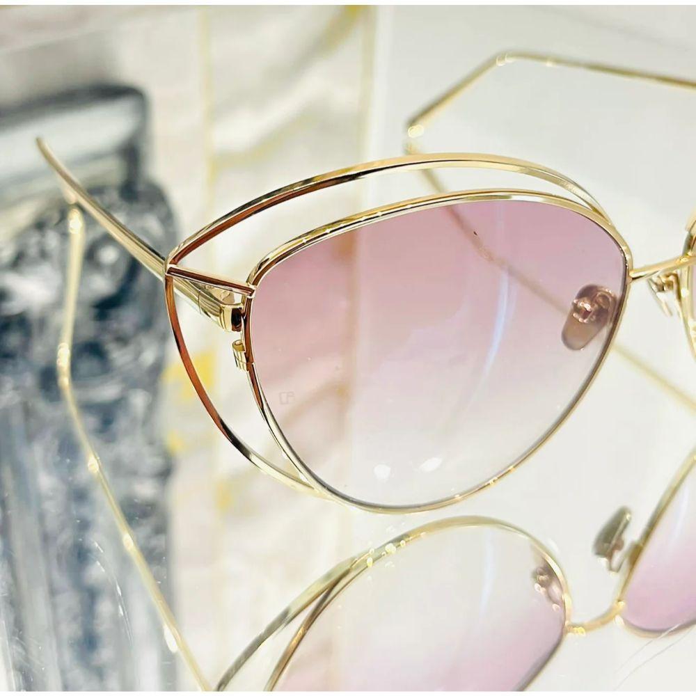 Linda Farrow Gold Plated Cat Eye Sunglasses In Excellent Condition For Sale In London, GB