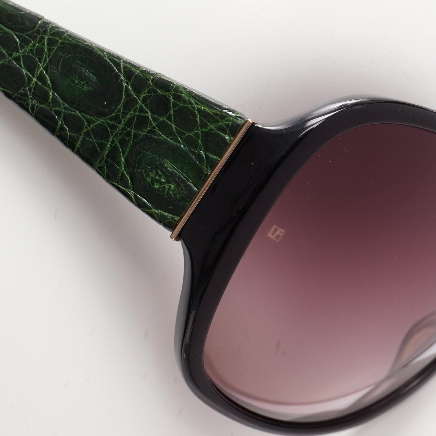 Gray LINDA FARROW Luxe LFL18 green scaled leather arms black oversized sunglasses For Sale