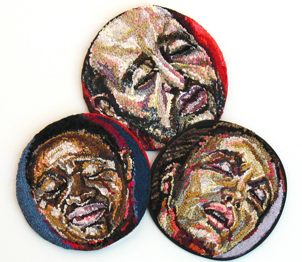 "Heads Will Roll" Textile Fiber Art, Discarded Clothing, Figurative - Mixed Media Art by Linda Friedman Schmidt