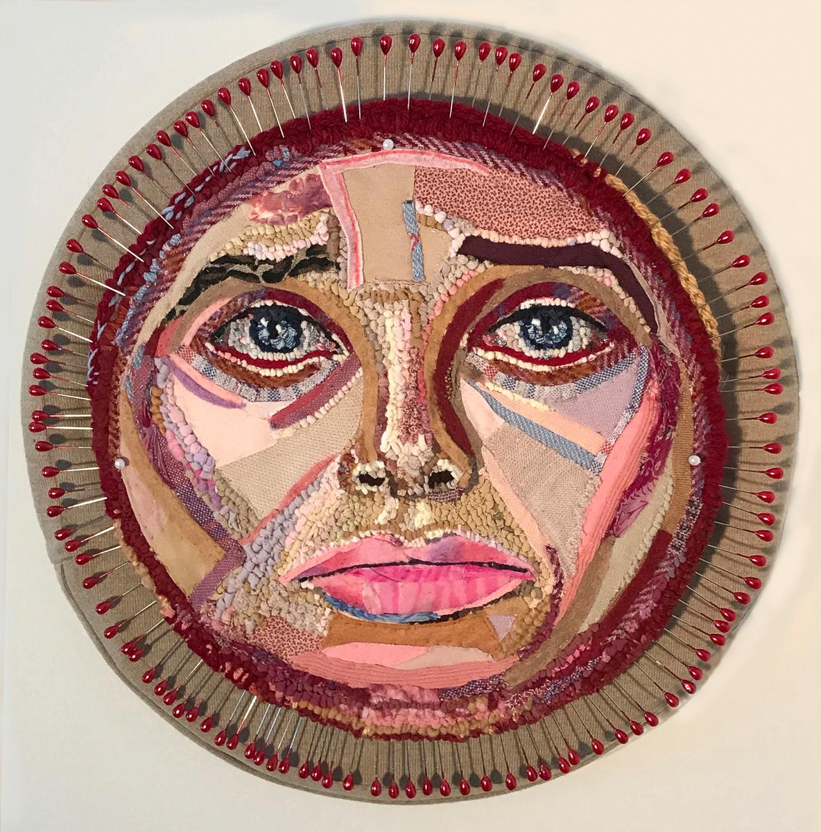 "Pincushion" Textile Art, Discarded Clothing, Teardrop Pins, Yarn, Cushion - Sculpture by Linda Friedman Schmidt