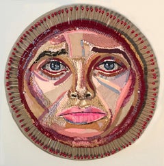 "Pincushion" Textile Art, Discarded Clothing, Teardrop Pins, Yarn, Cushion