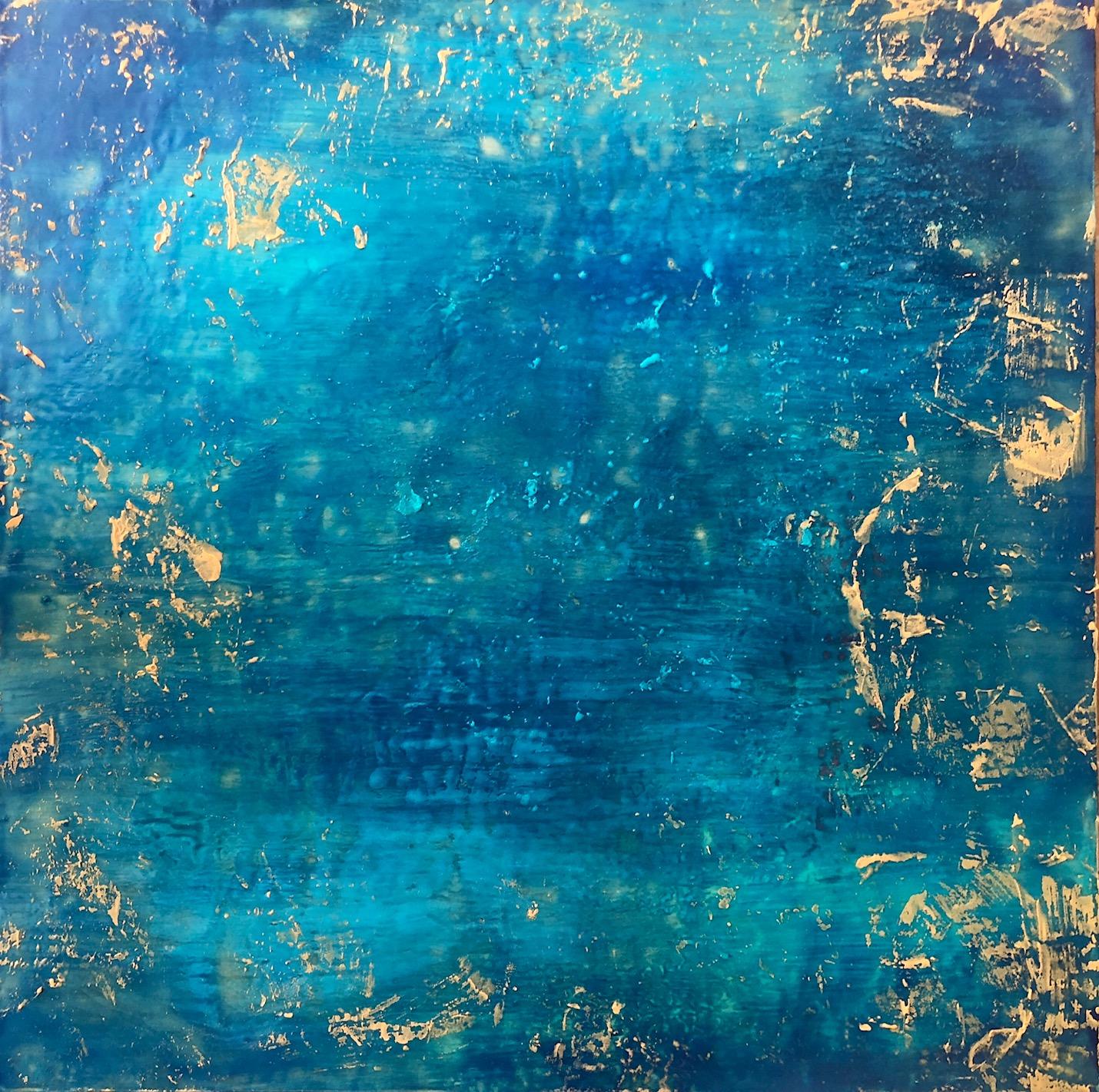 Linda Frueh Landscape Painting - Beauty in Isolation - Rich Abstract Encaustic Painting - Water Ocean Blue + Teal