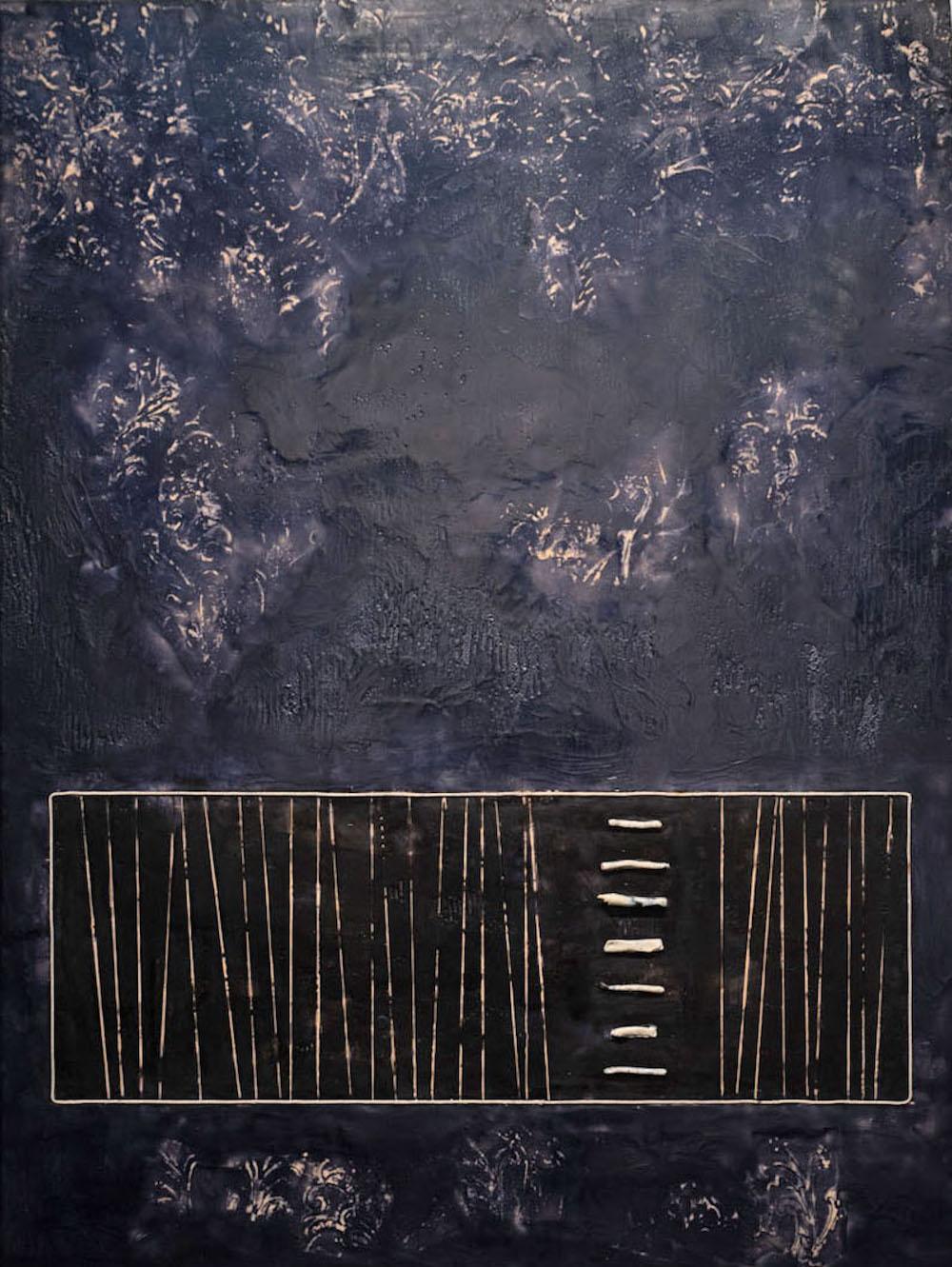 Linda Frueh Abstract Painting - Box Full of Memories - Contemporary Encaustic (Black + Grey + White)