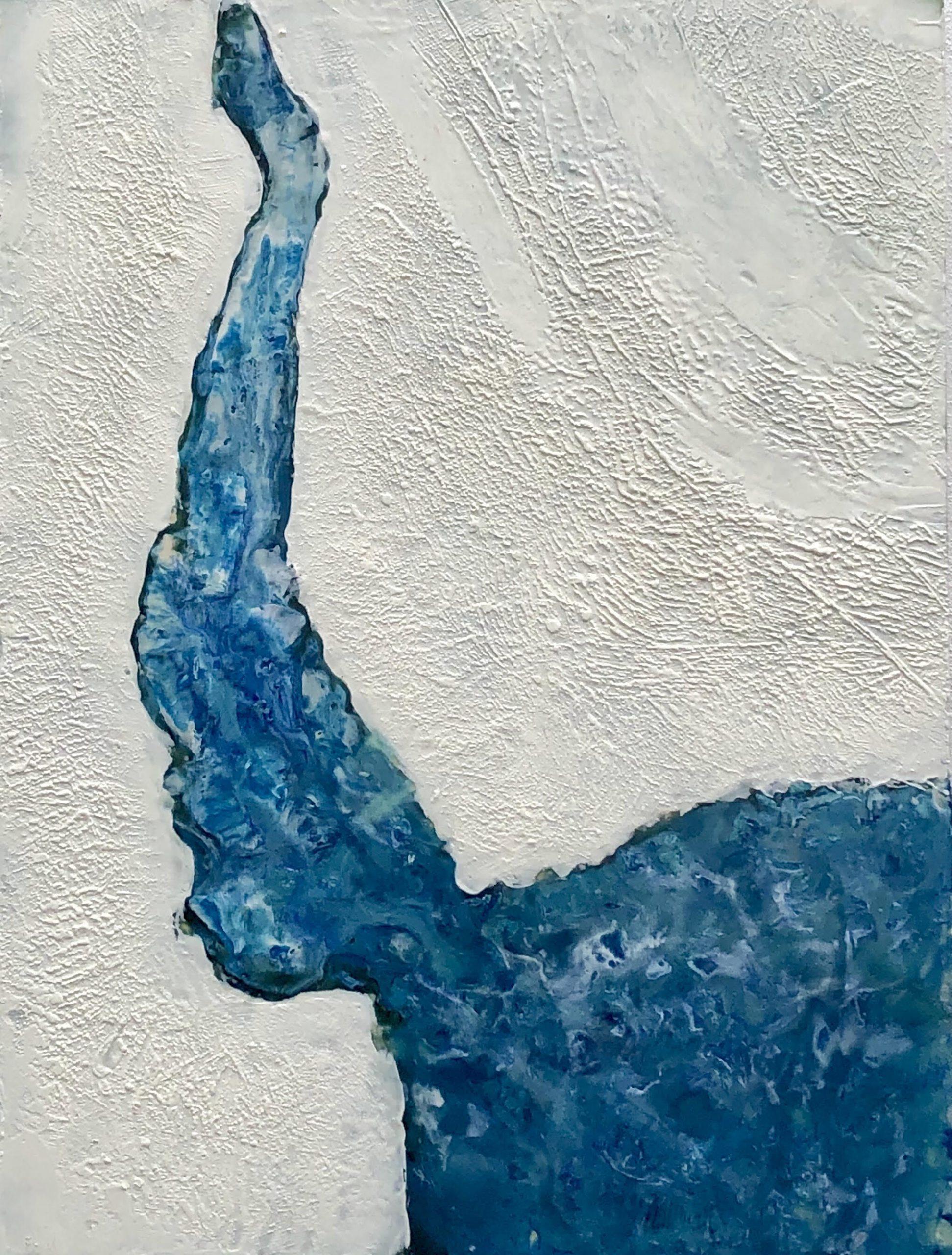 Linda Frueh Abstract Painting - Dogleg Estuary - Contemporary Abstract Coastal Scene in White + Blue w/ Texutre