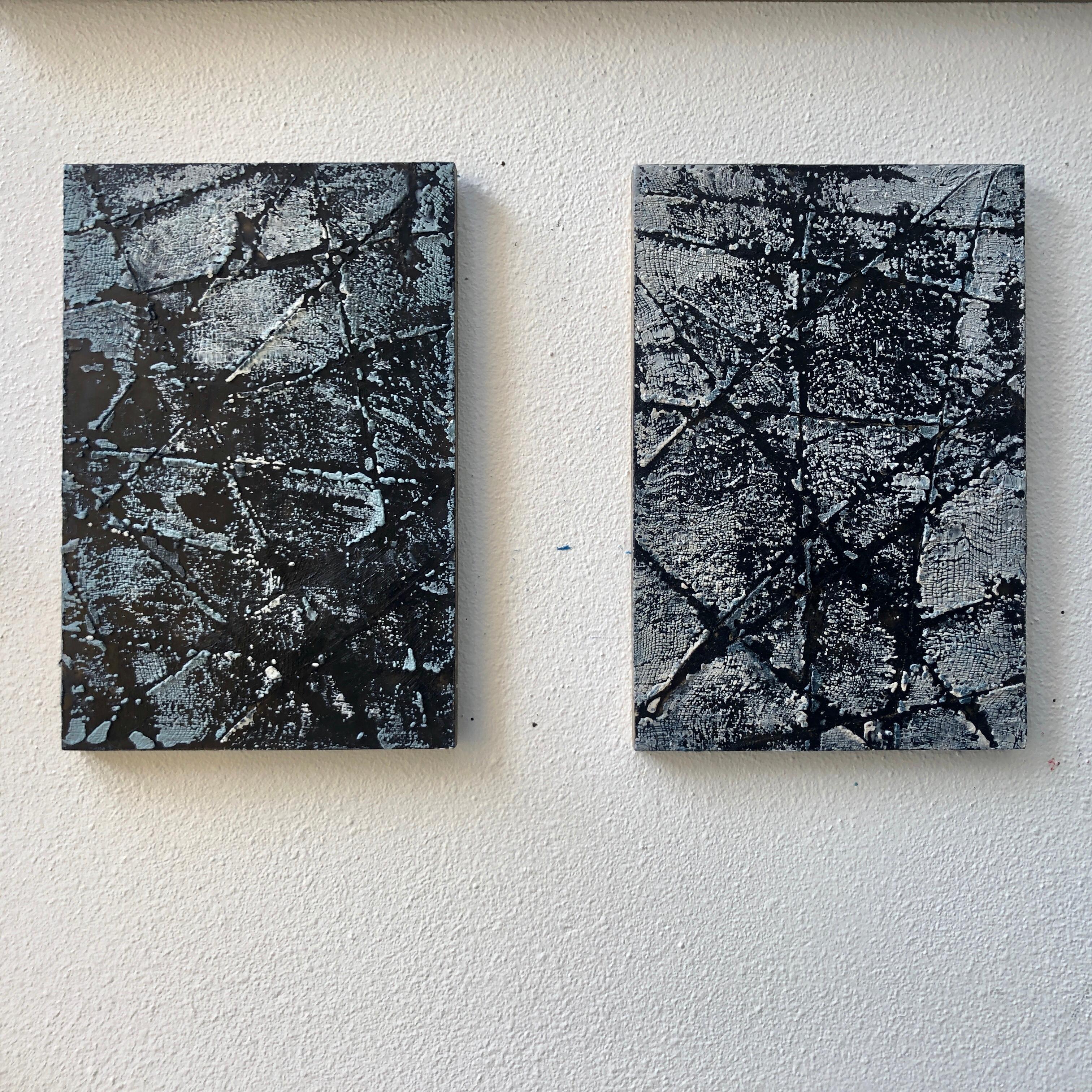 Neural Network - Contemporary Encaustic Diptych (Black + White) - Painting by Linda Frueh