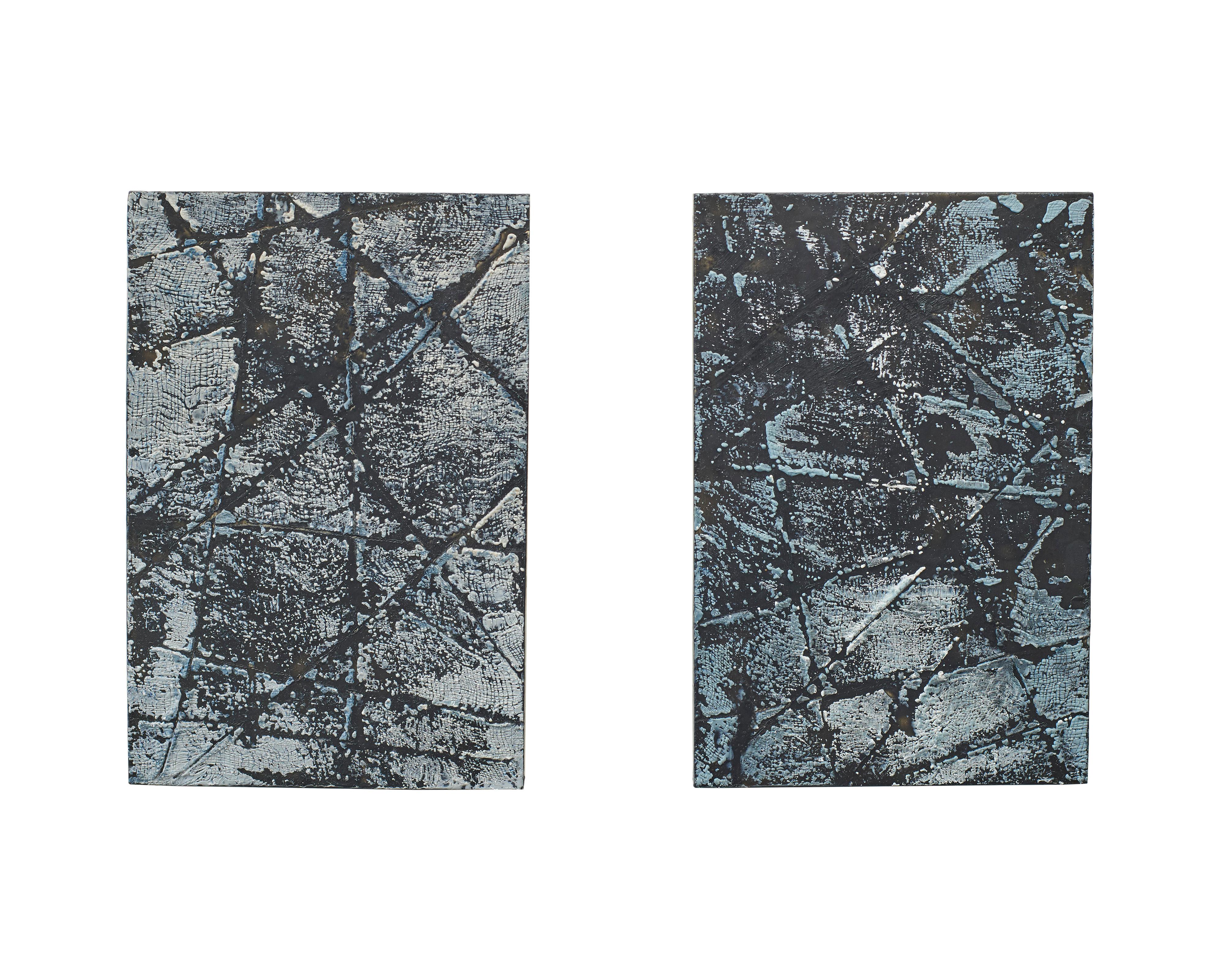 Linda Frueh Abstract Painting - Neural Network - Contemporary Encaustic Diptych (Black + White)