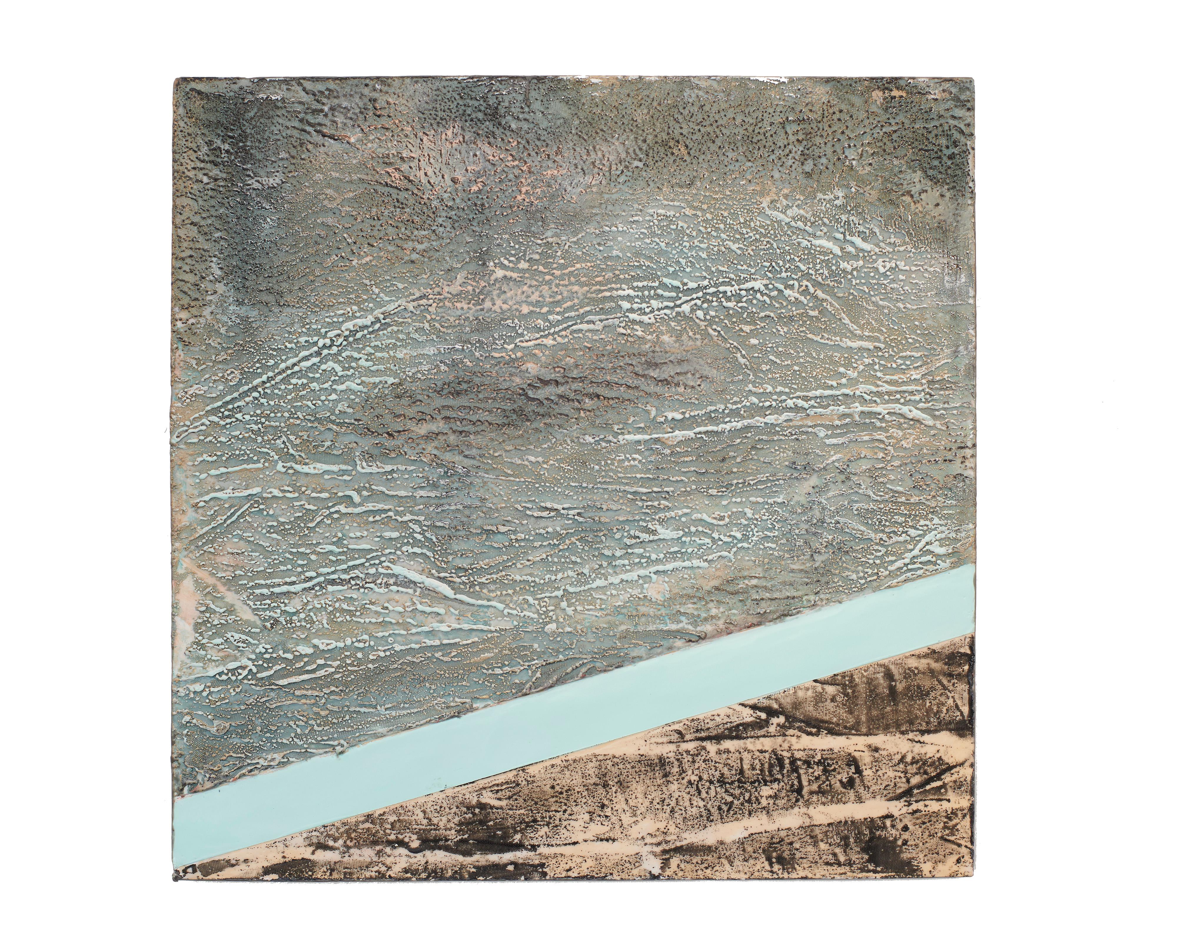 Linda Frueh Landscape Painting - Thoroughfare -Contemporary Encaustic Painting with Texture (Black + Teal + Grey)