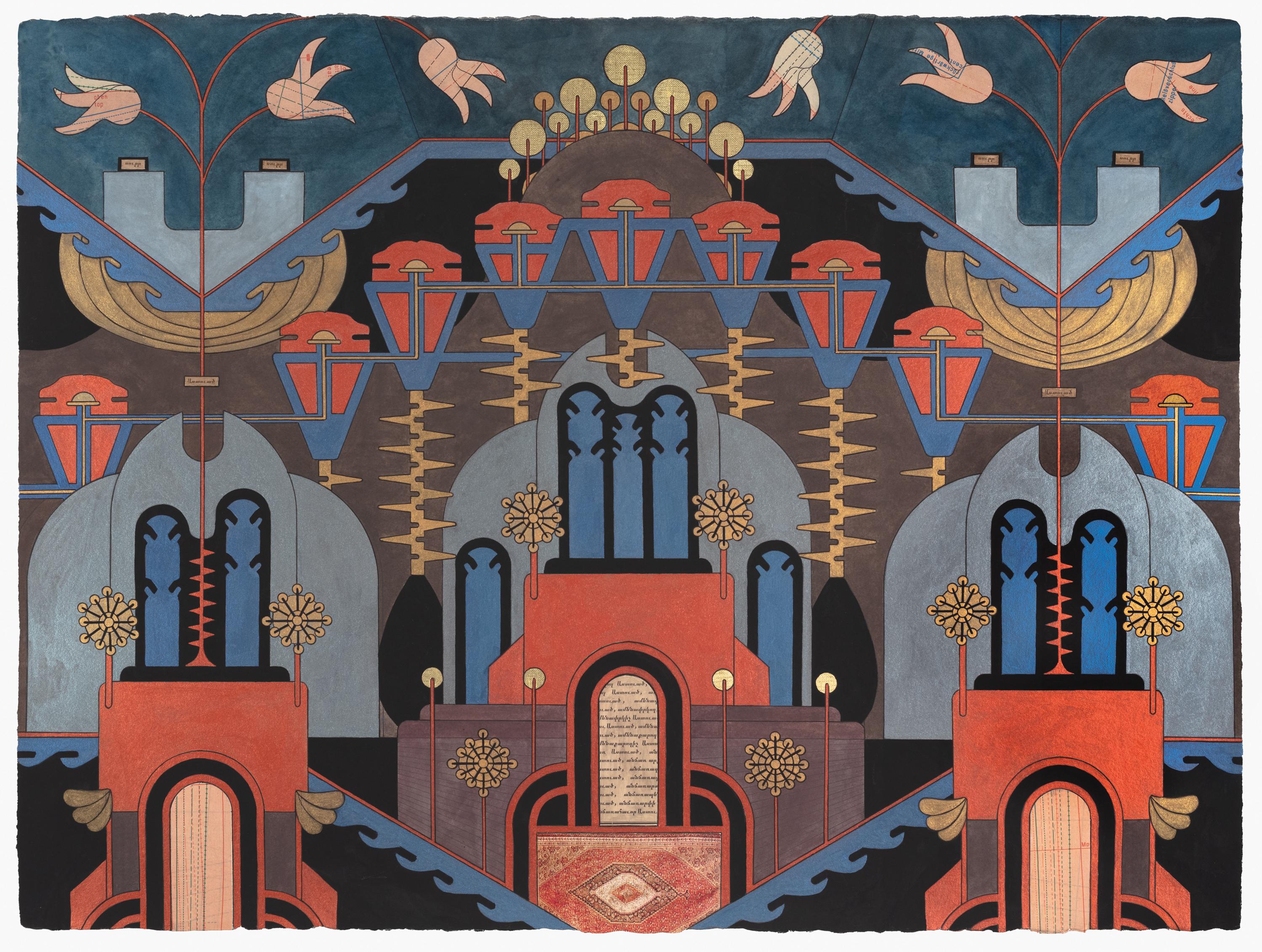 Linda Ganjian Abstract Painting - "Nine Urns" Painting, collage, metallic paint, gold foil, patternmaking paper