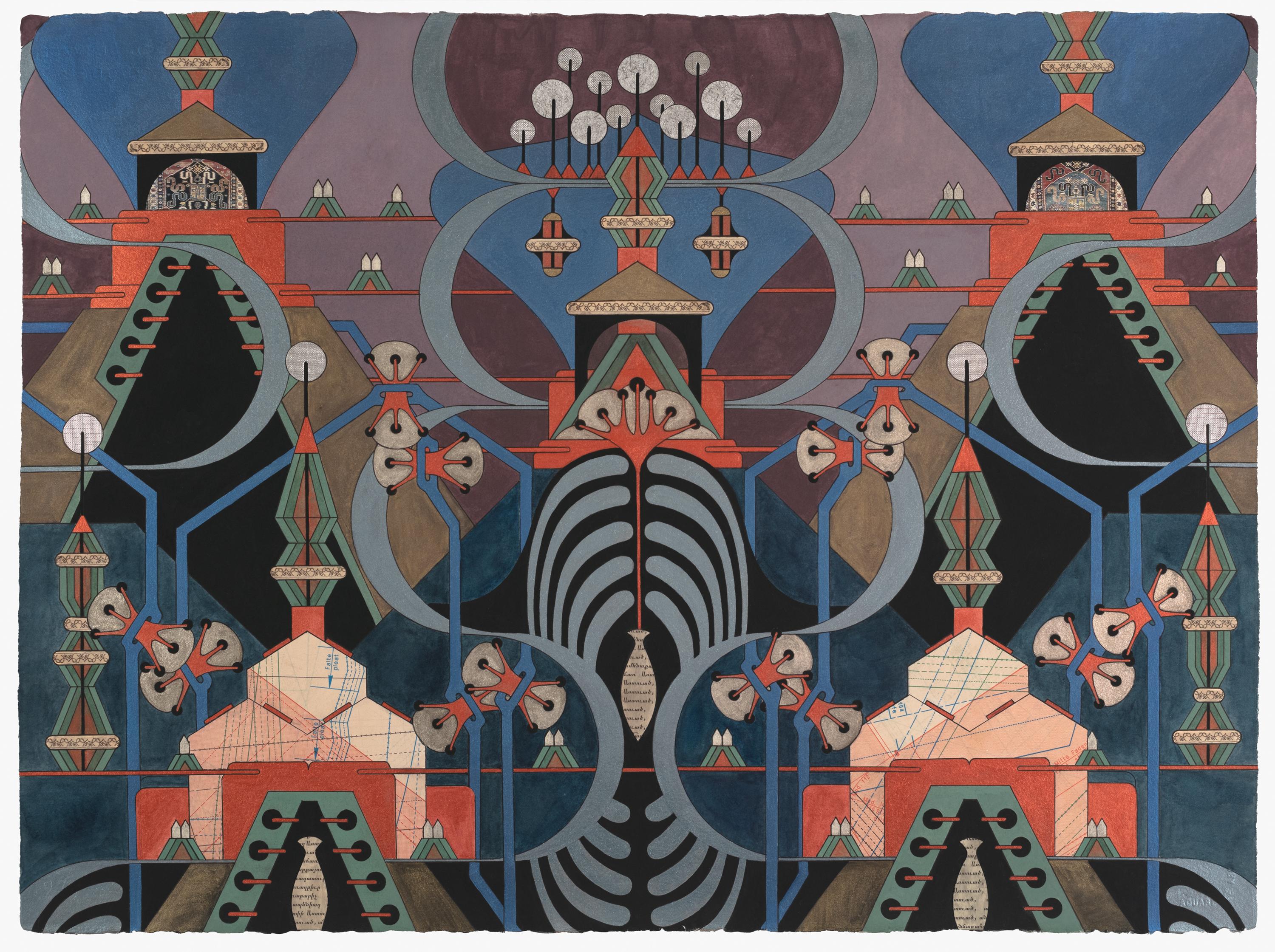 "Ribbed Totem" painting, collage, metallic paint, silver foil, pattern paper