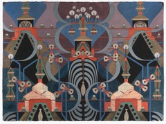 "Ribbed Totem" painting, collage, metallic paint, silver foil, pattern paper