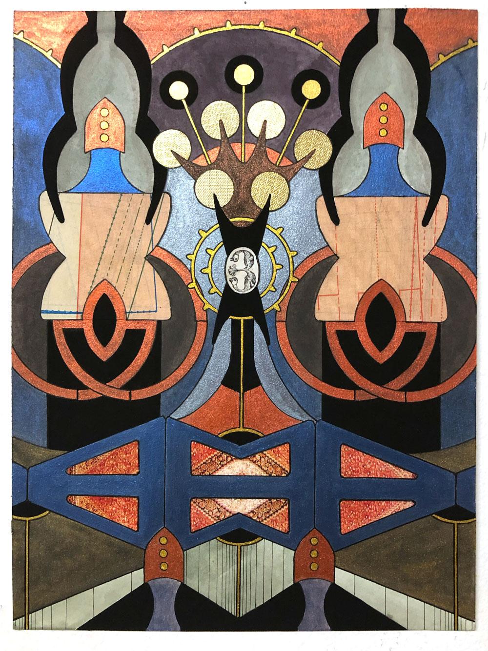 "Totem de doble anillo" collage abstracto, (azul, rojo, negro, plata, gris)