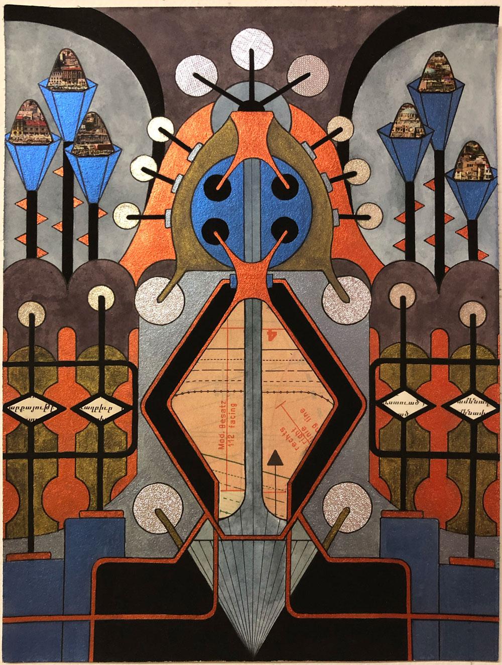 "Istanbul Rising" abstracto, collage de técnica mixta, (azul, rojo, marrón, gris plateado) - Mixed Media Art de Linda Ganjian