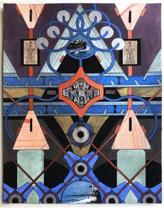 "Totem di Marmara" collage astratto a tecnica mista, (blu, rosso, marrone, grigio argento)