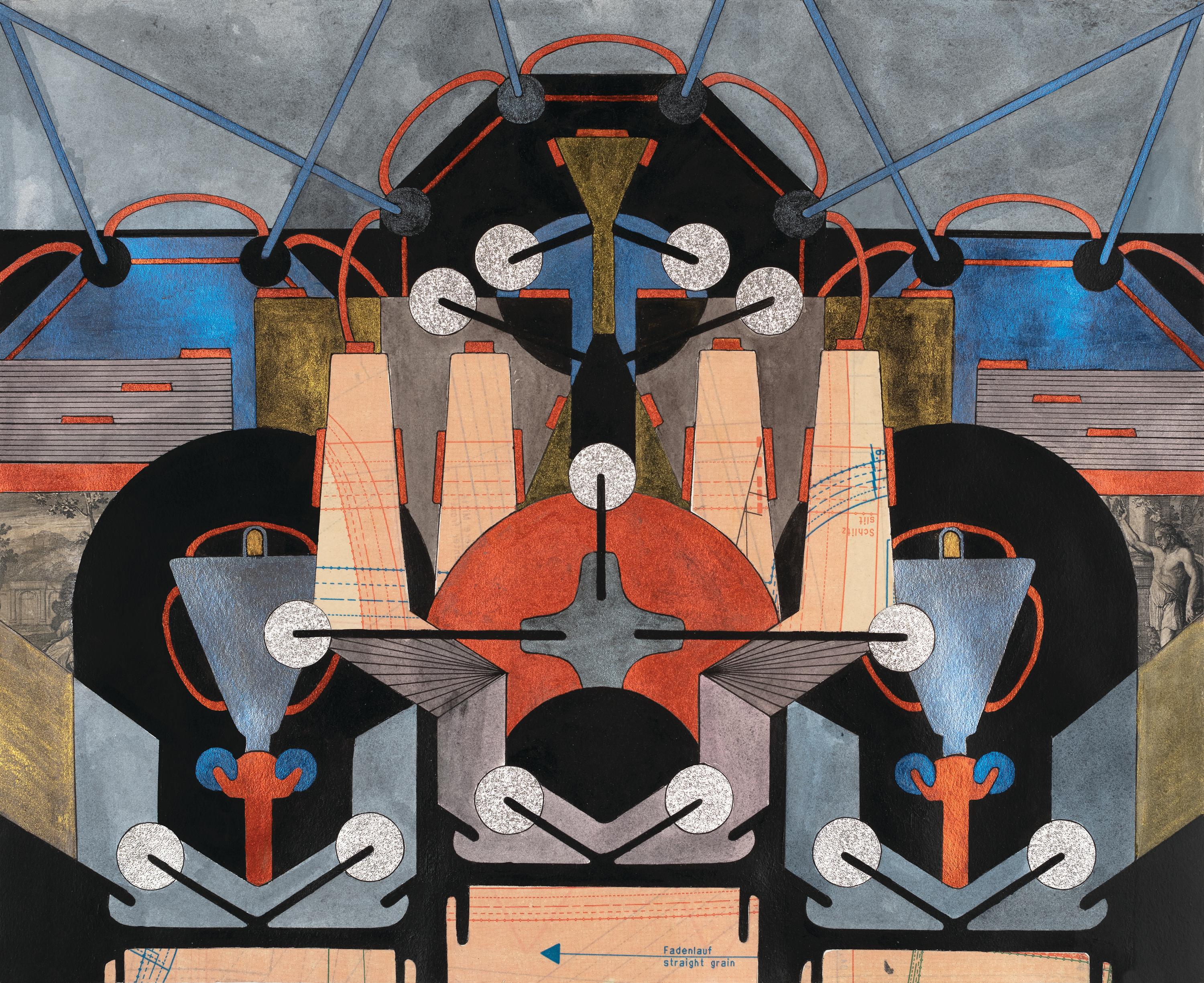 "Pious Pistons" Painting w/ collage, metallic paint, foil, patternmaking paper - Mixed Media Art by Linda Ganjian