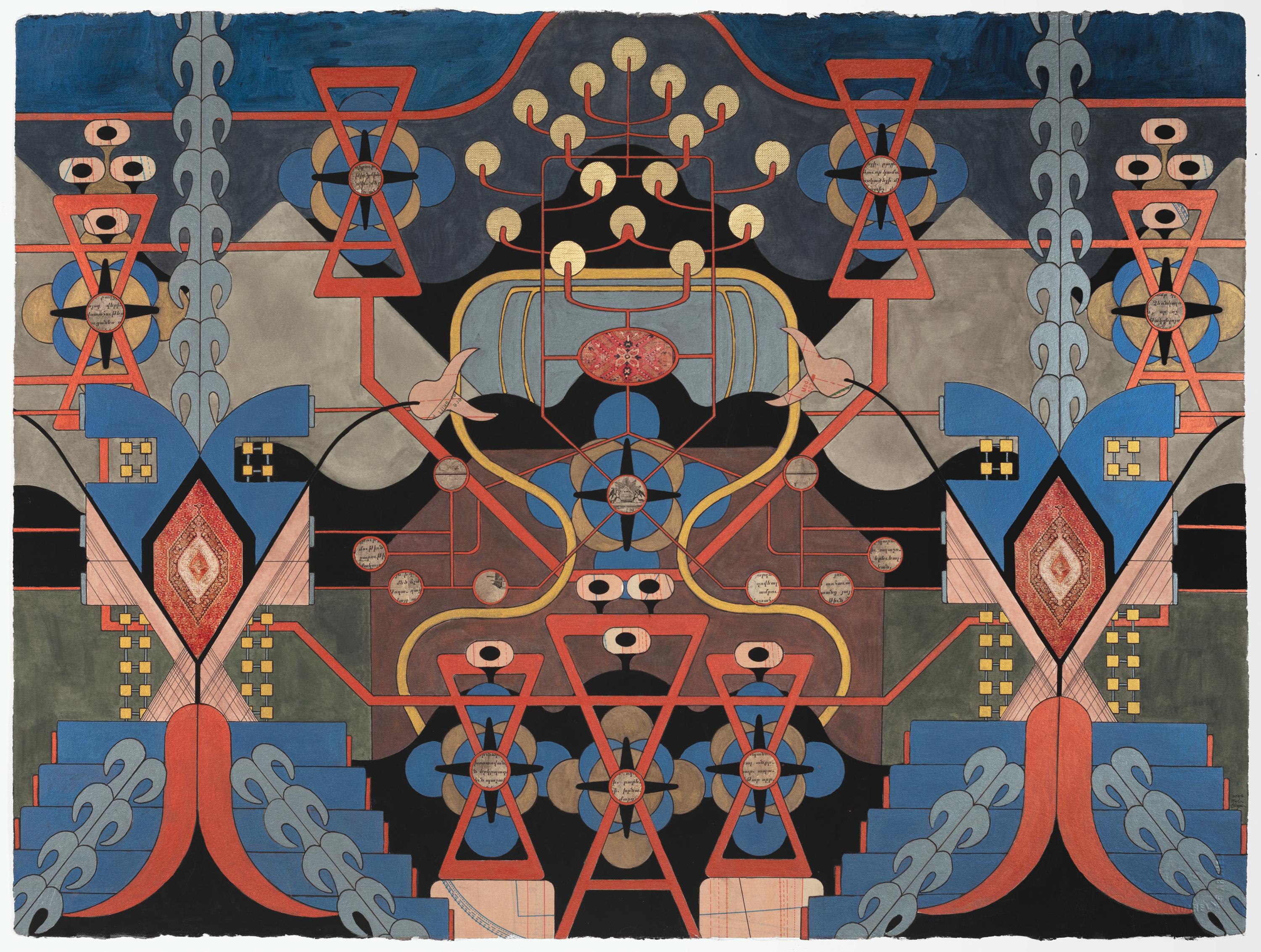 "Königin der Finsternis" abstrakte Collage in Mischtechnik, (blau, rot, braun, gold, grau) – Mixed Media Art von Linda Ganjian