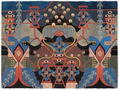 "Queen of Darkness" abstract mixed media collage, (blue, red, brown, gold, grey)