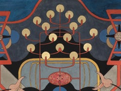 "Queen of Darkness" abstract mixed media collage, (blue, red, brown, gold, grey)