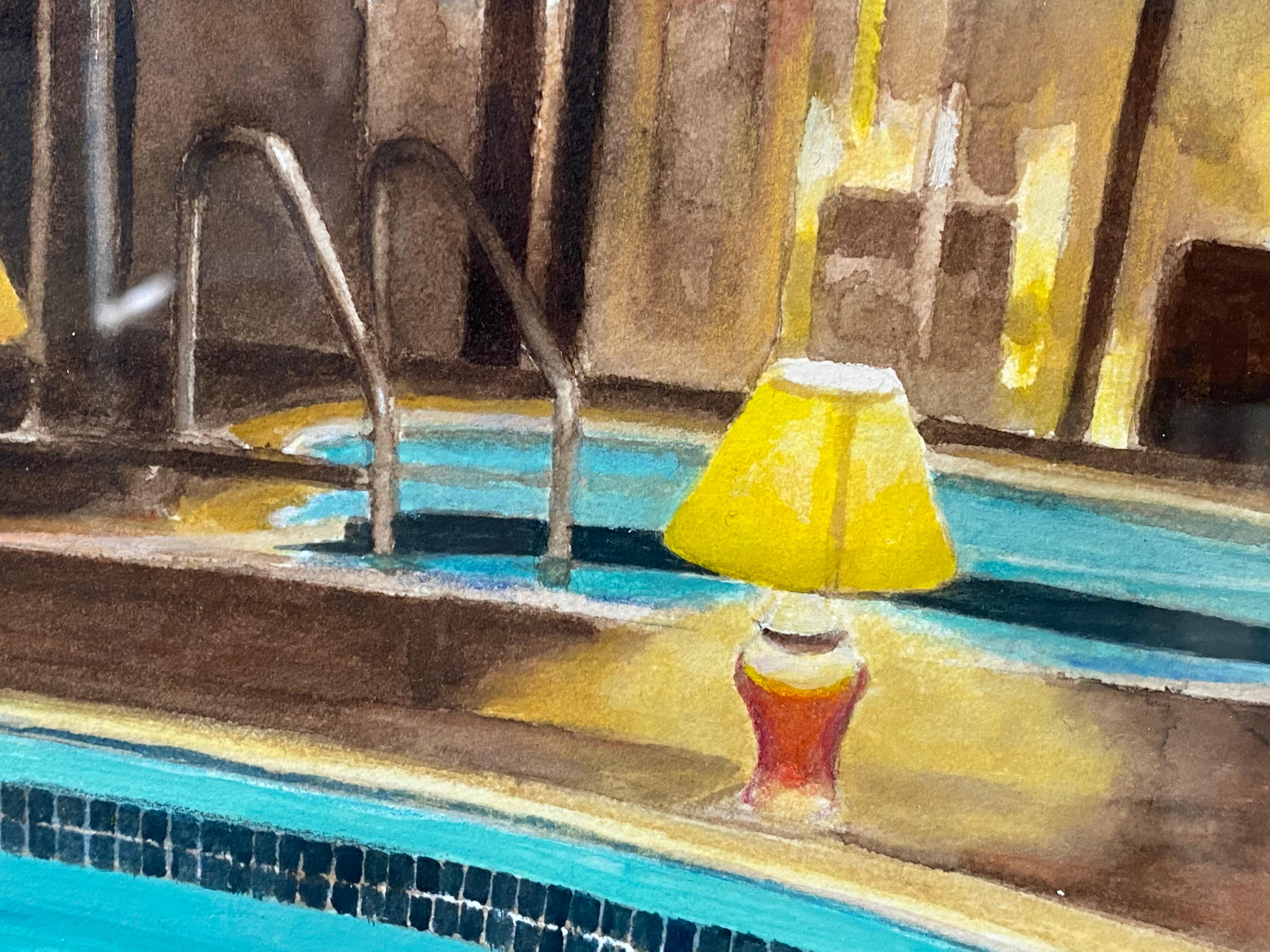 This atmospheric fine art painting presents an intimate indoor hot tub scene, where warm, ambient lamp light contrasts with the deep, glowing blue water of the spa, in the shape of a heart. The composition guides the eye through the tiled pool