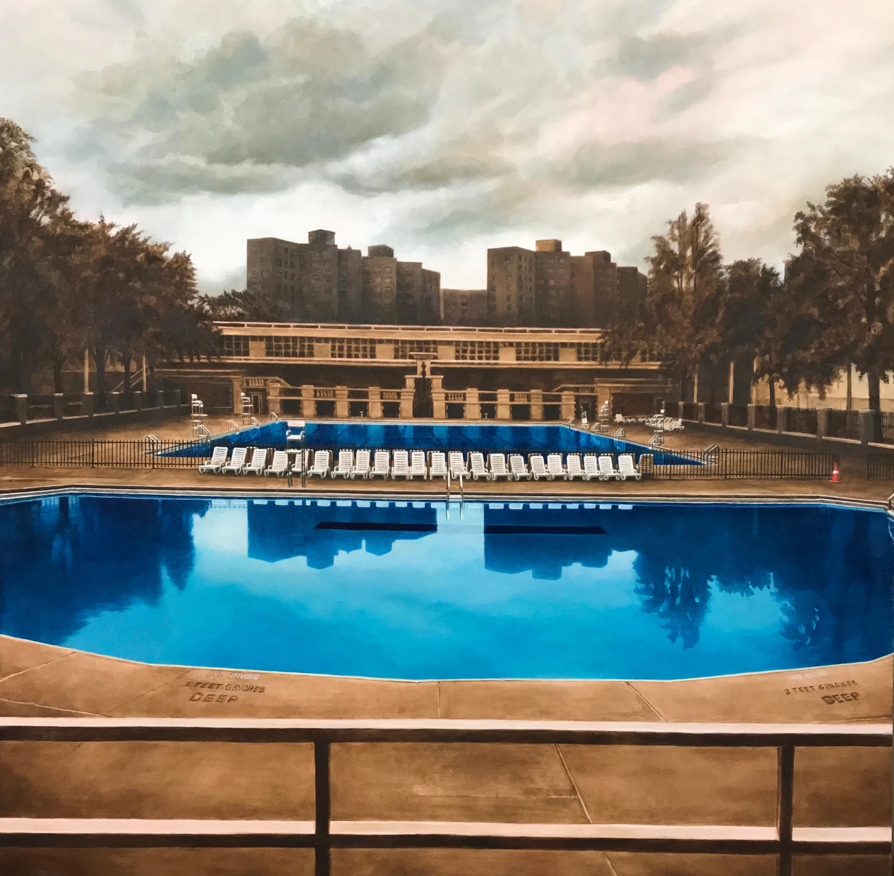 "Oasi (la piscina apre tra tre giorni)" Pittura a olio contemporanea, Hamilton Fish Pool