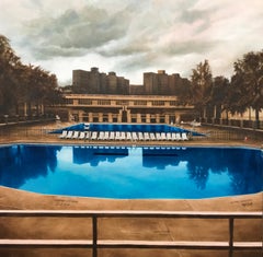 "Oasis (la piscina abre en tres días)" Pintura al óleo contemporánea, Piscina de peces Hamilton