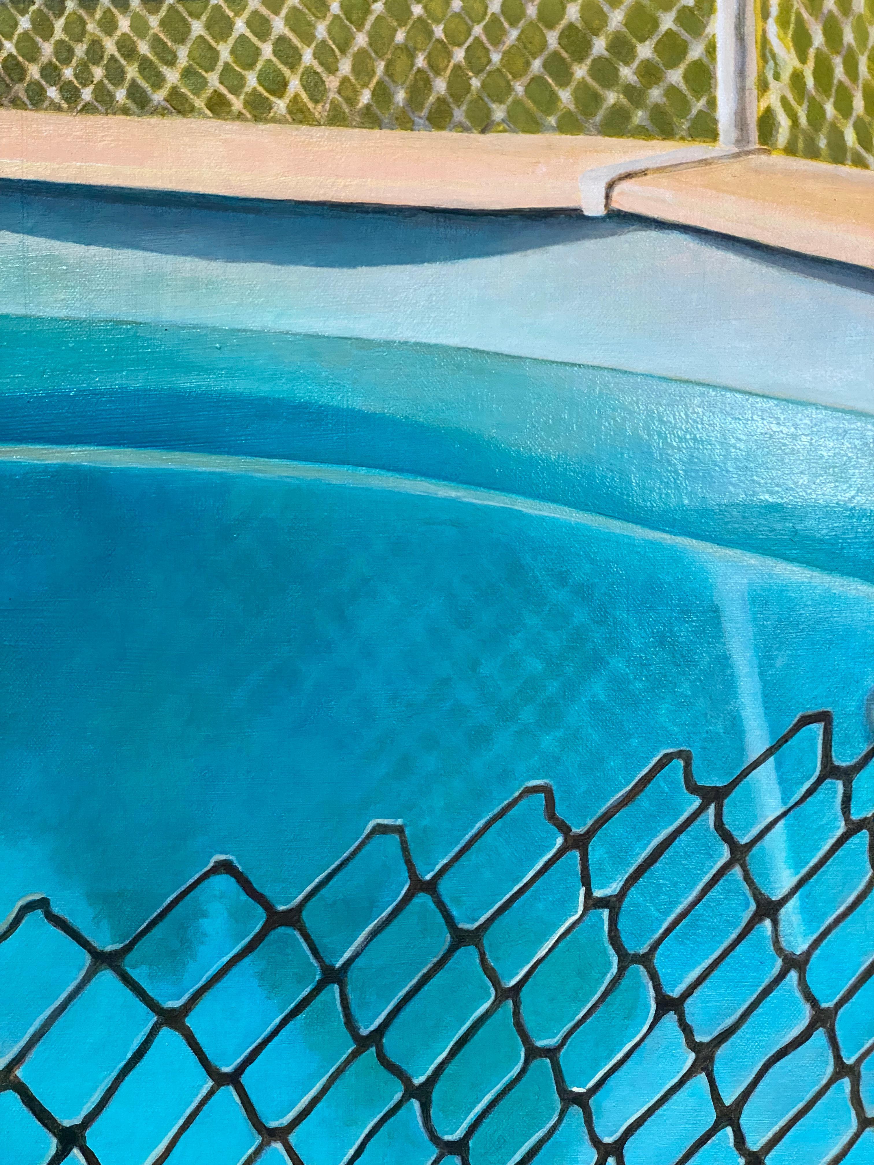 This compelling fine art painting presents a rural above-ground pool, enclosed by a makeshift chain-link fence, set against a sunlit landscape of rolling green grass and dense tree lines. Executed in contemporary realism, the composition juxtaposes