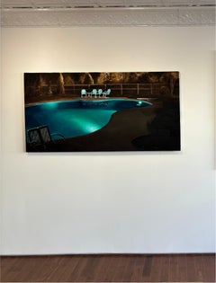"Sirens" Hyper-Realist Contemporary Oil Painting, blue swimming pool at night